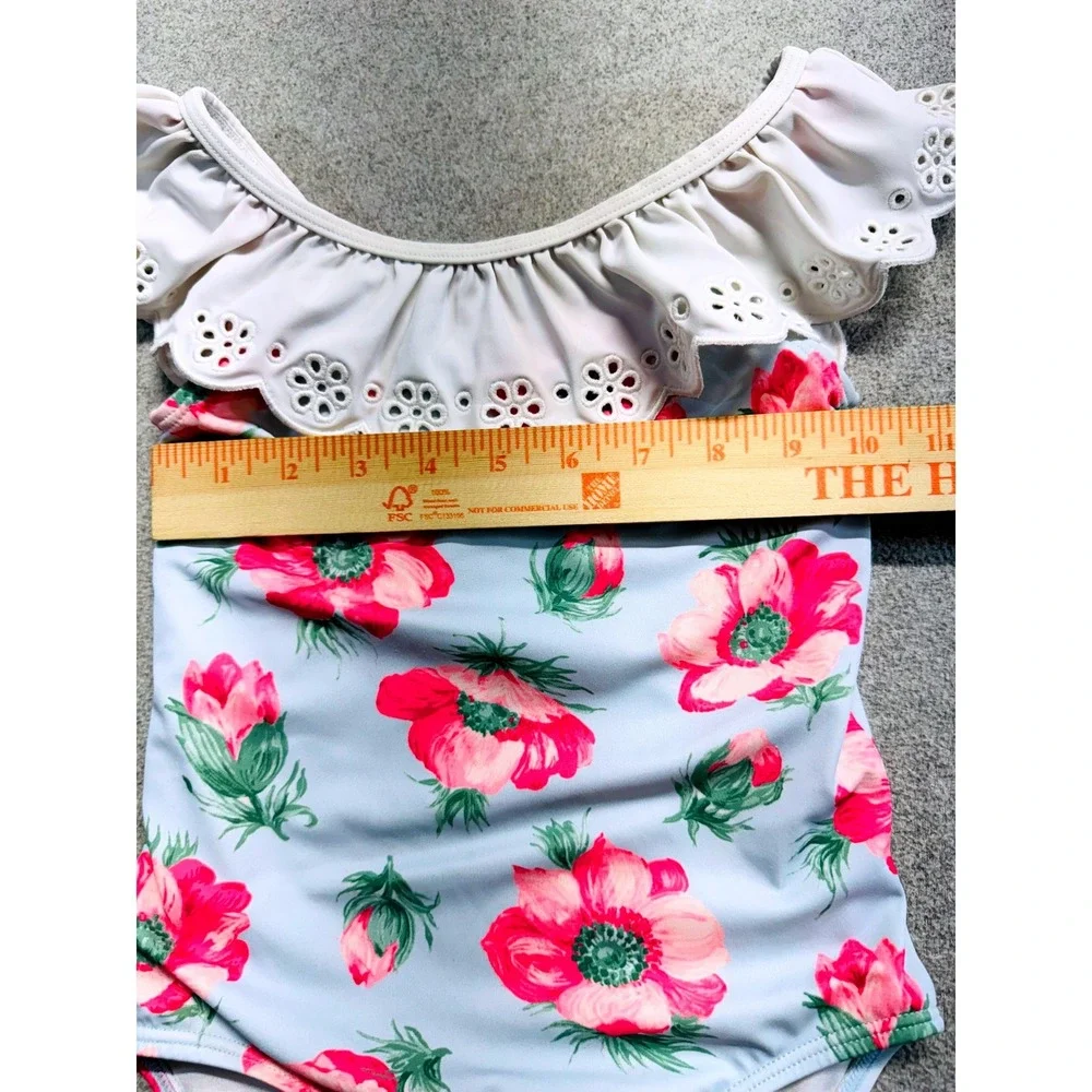 Janie and Jack Girls Swimsuit Size 6 Blue Pink Floral Eyelet Ruffle One Piece